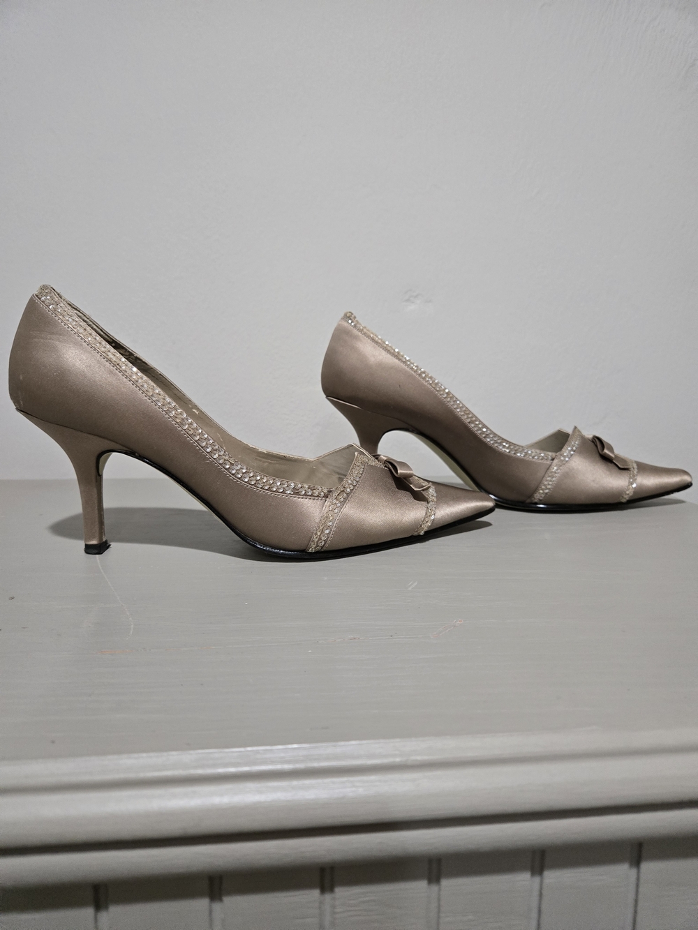 Caparros Elegant Taupe Satin Pointed-Toe Pumps with Bow